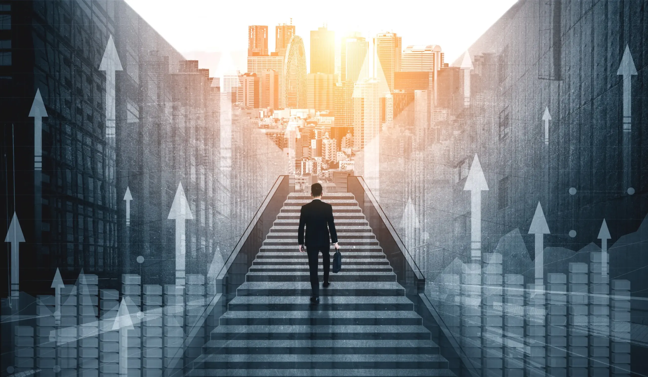 Man walking up stairs with a large city in the distant to consult a business